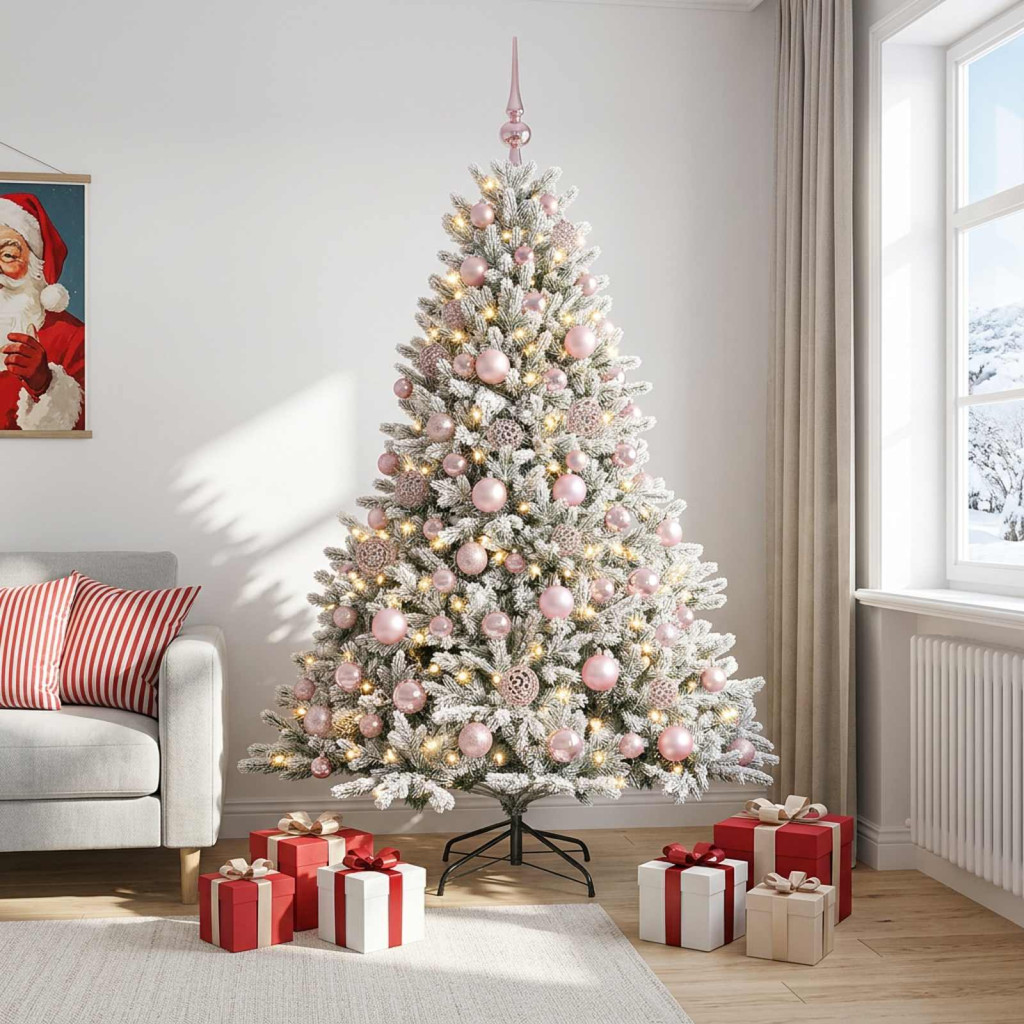 Műkarácsonyfa gömbbel 210 cm 300 LED Meleg fehér PVC és fém