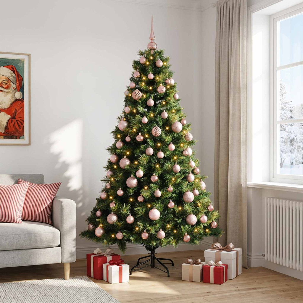 Műkarácsonyfa gömbbel 210 cm 300 LED Meleg fehér PVC és fém