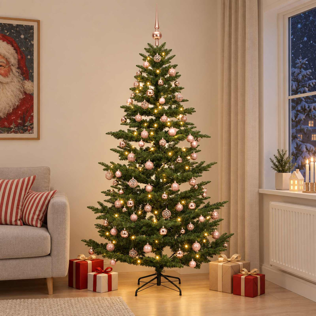 Műkarácsonyfa gömbbel 210 cm 300 LED Meleg fehér PE és PVC Zöld