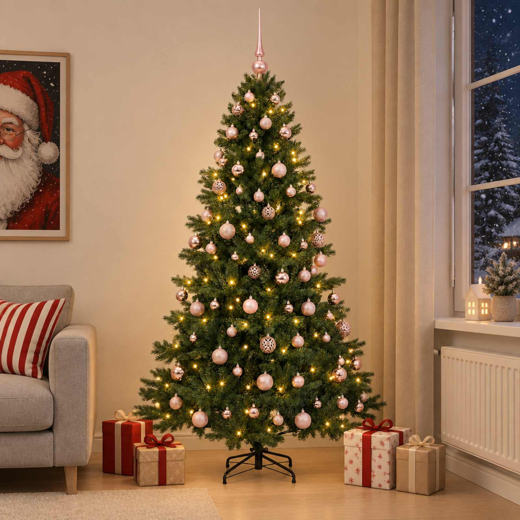 Műkarácsonyfa gömbbel 240 cm 300 LED Meleg fehér PVC és fém