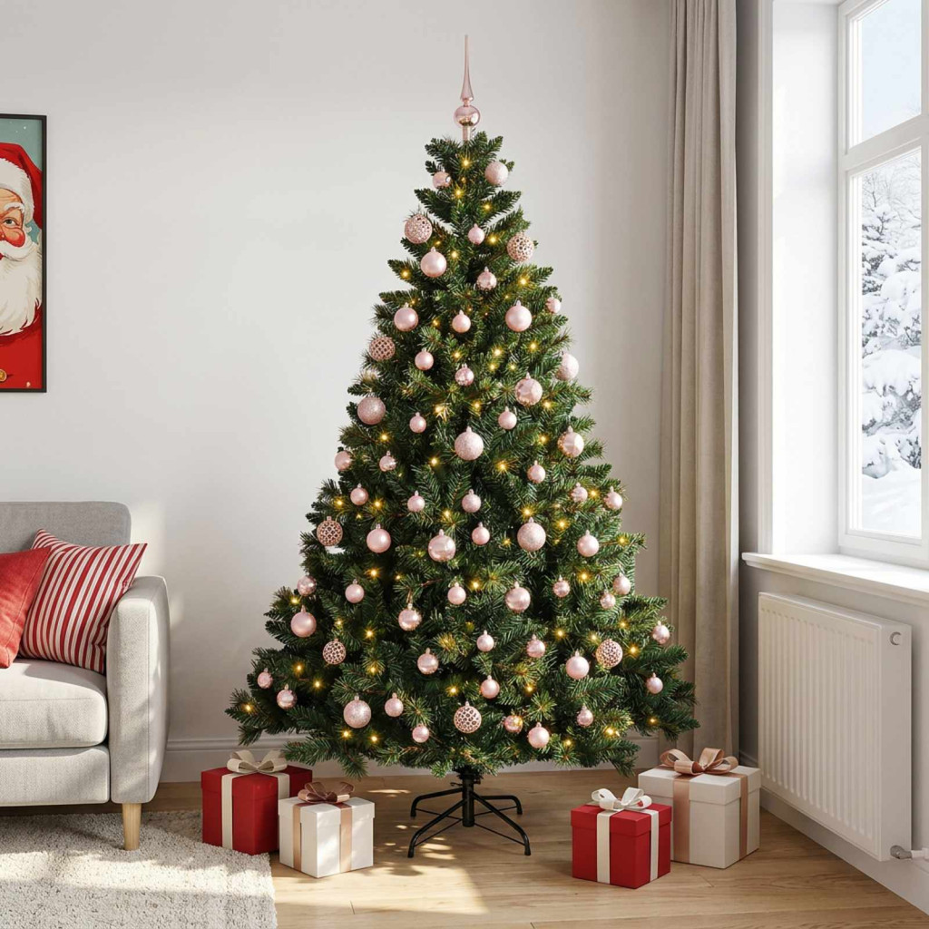 Műfenyő gömbökkel 240 cm 300 LED Meleg fehér PVC és fém Zöld