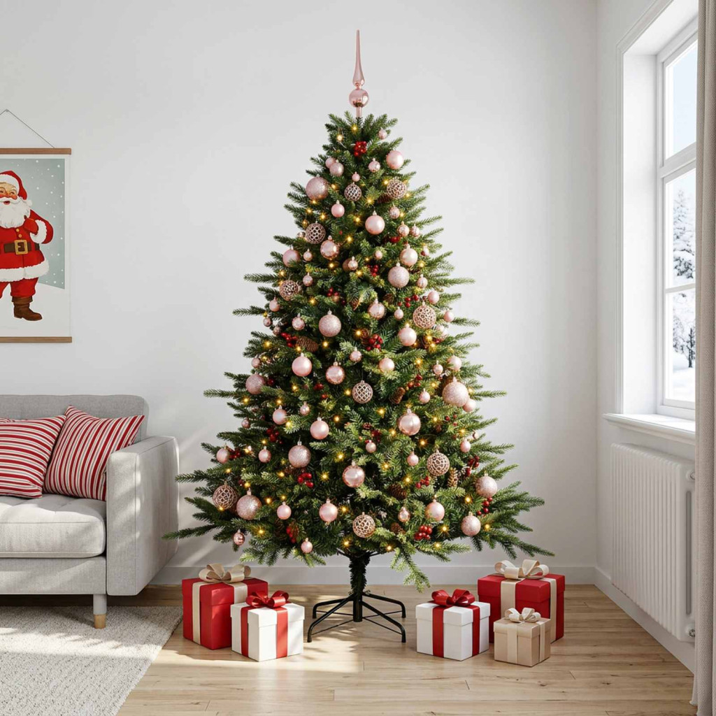Műkarácsonyfa gömbbel 180 cm 300 LED Meleg fehér PVC és fém