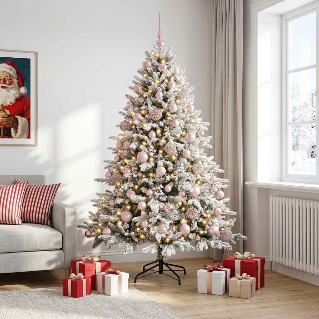 Műkarácsonyfa gömbbel 210 cm 300 LED Meleg fehér PVC és fém