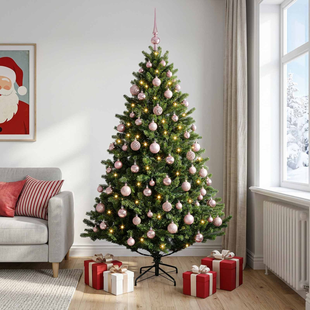 Műfenyő gömbökkel 240 cm 300 LED Meleg fehér PVC és fém Zöld