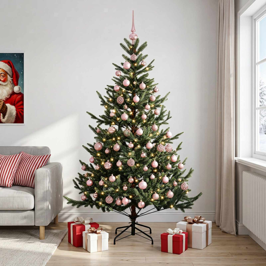 Műkarácsonyfa gömbbel 210 cm 300 LED Meleg fehér PVC és fém