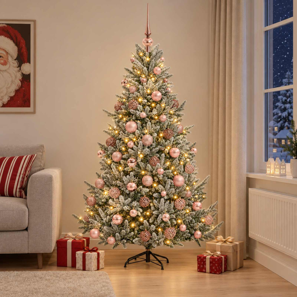 Műkarácsonyfa gömbbel 180 cm 300 LED Meleg fehér PVC és fém