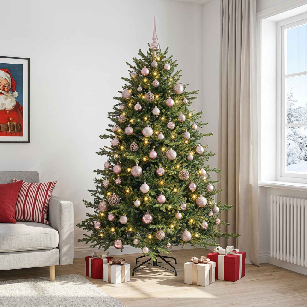 Műkarácsonyfa gömbbel 240 cm 300 LED Meleg fehér PVC és fém