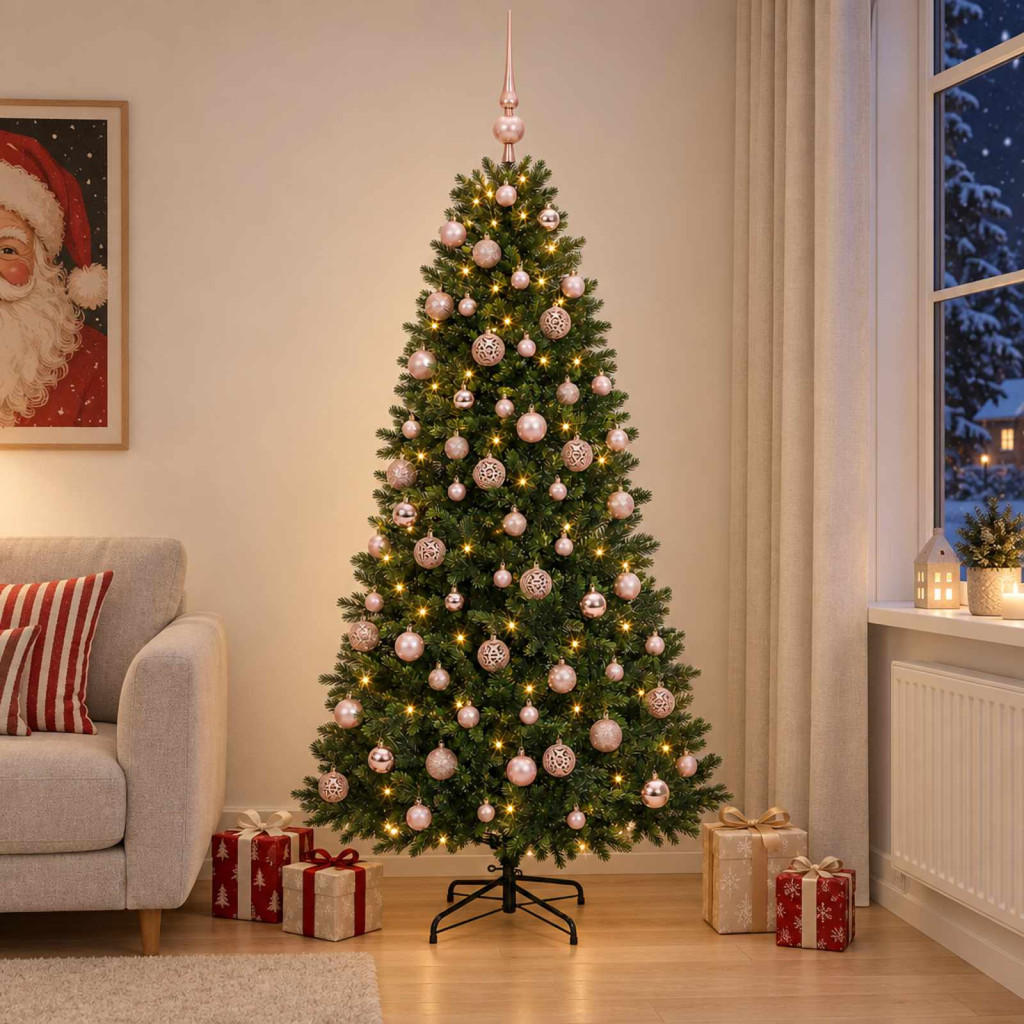 Műfenyő gömbökkel 240 cm 300 LED Meleg fehér PVC és fém Zöld