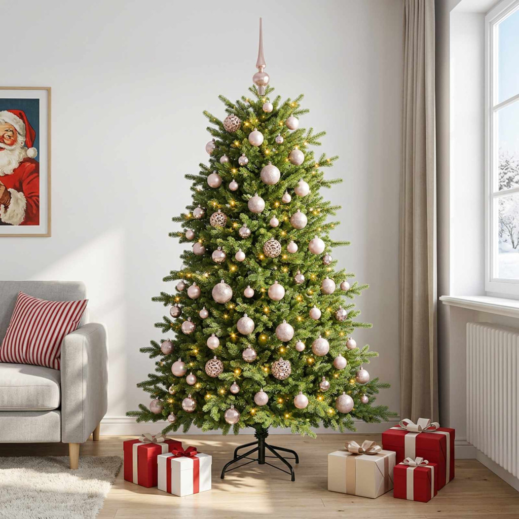 Műkarácsonyfa gömbbel 240 cm 300 LED Meleg fehér PVC és fém