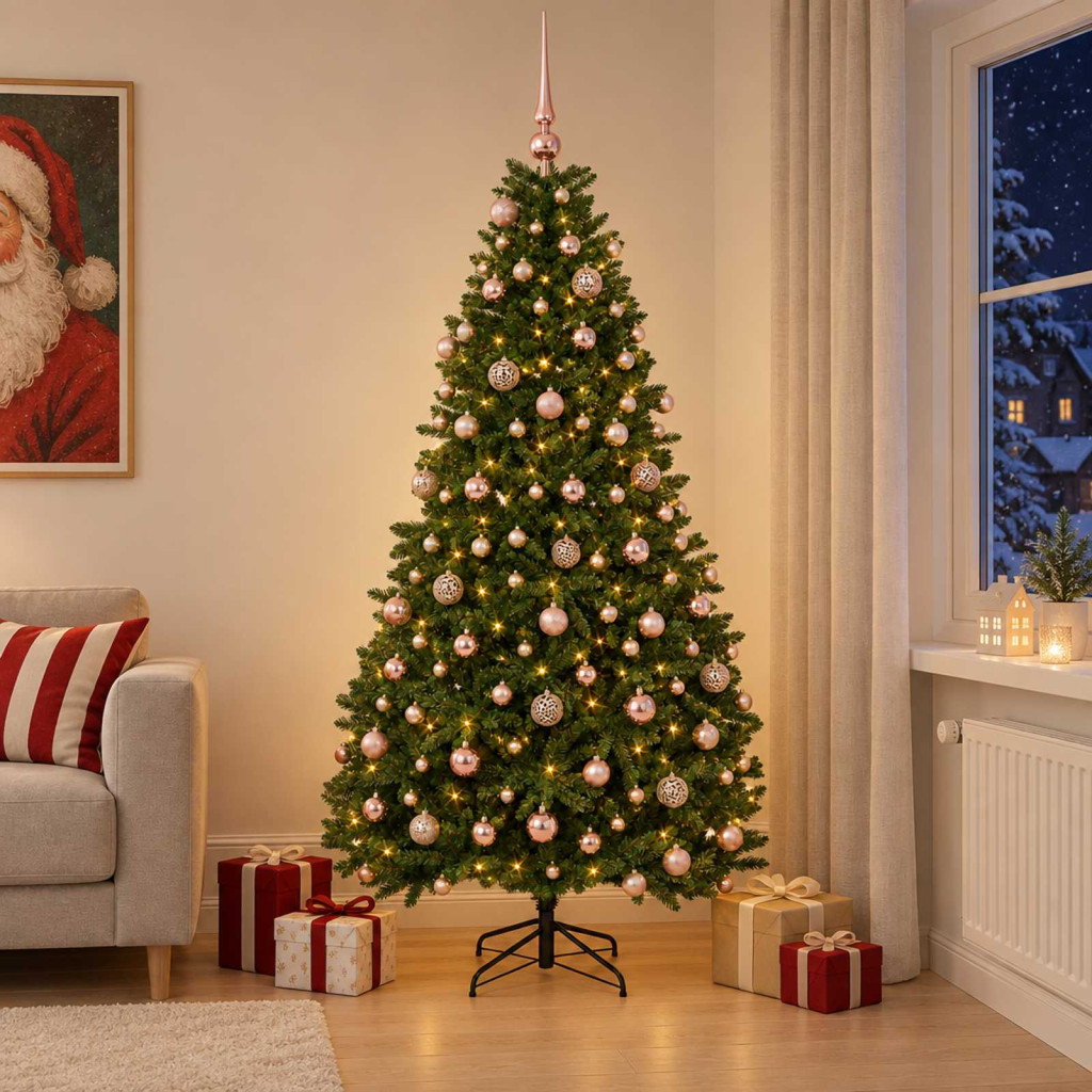 Műkarácsonyfa középzöld gömbökkel 210 cm 300 LED Meleg fehér