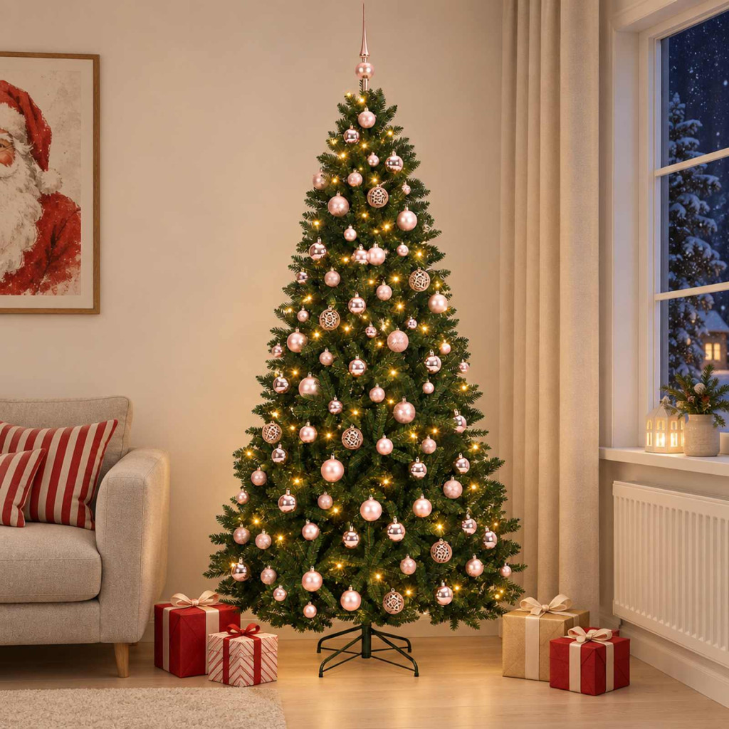 Sötétzöld műkarácsonyfa gömbökkel 210 cm 300 LED Meleg fehér