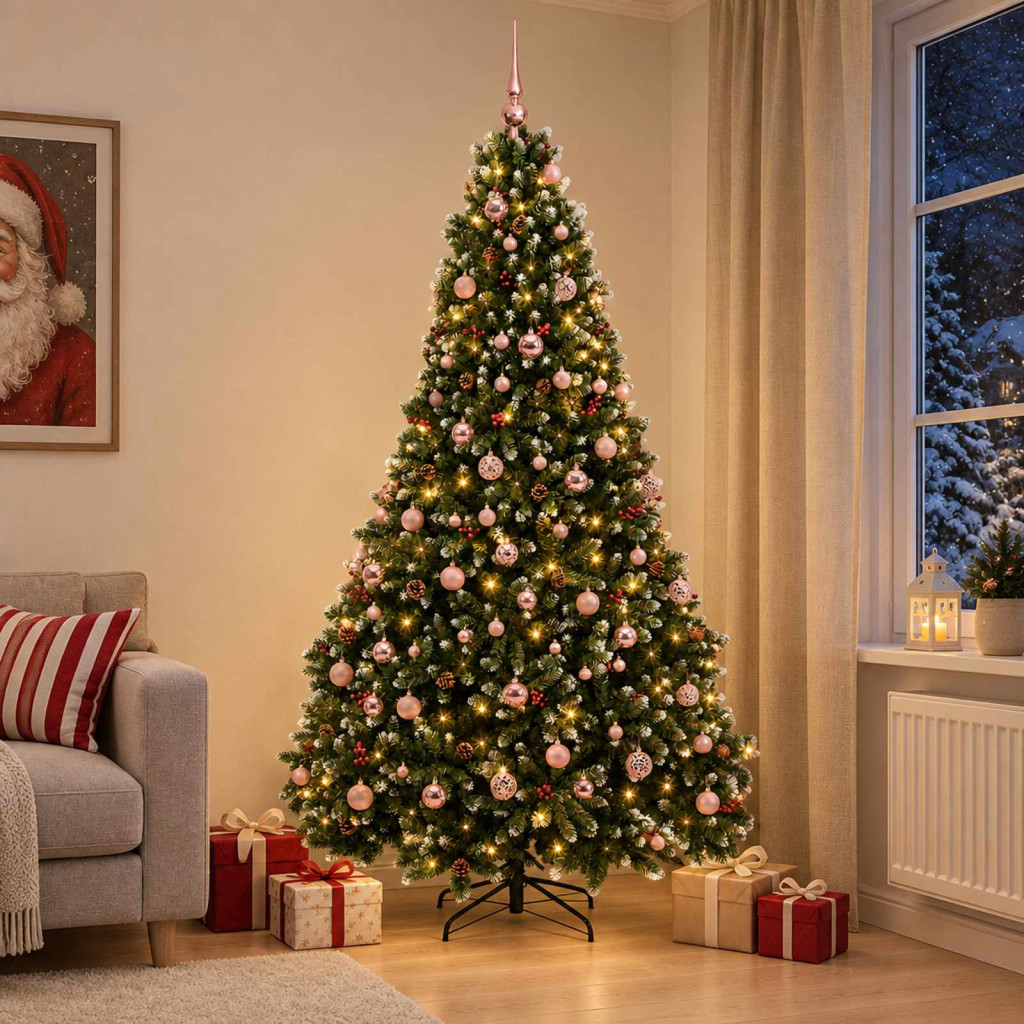 Műkarácsonyfa gömbdíszekkel, 138 × 210 cm, zöld, deres csúcsokkal, 300 LED, meleg fehér
