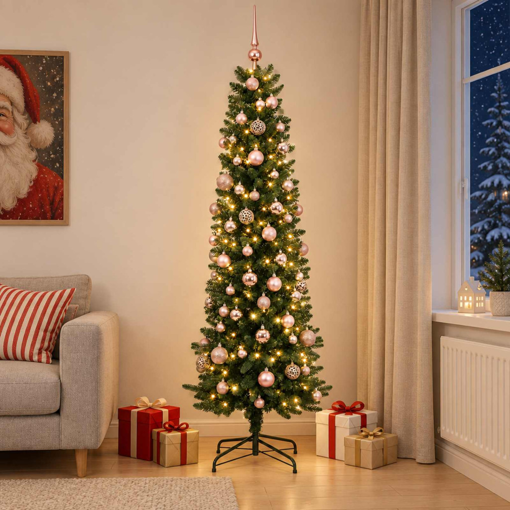 Karcsú műkarácsonyfa gömbökkel 210 cm 300 LED Meleg fehér