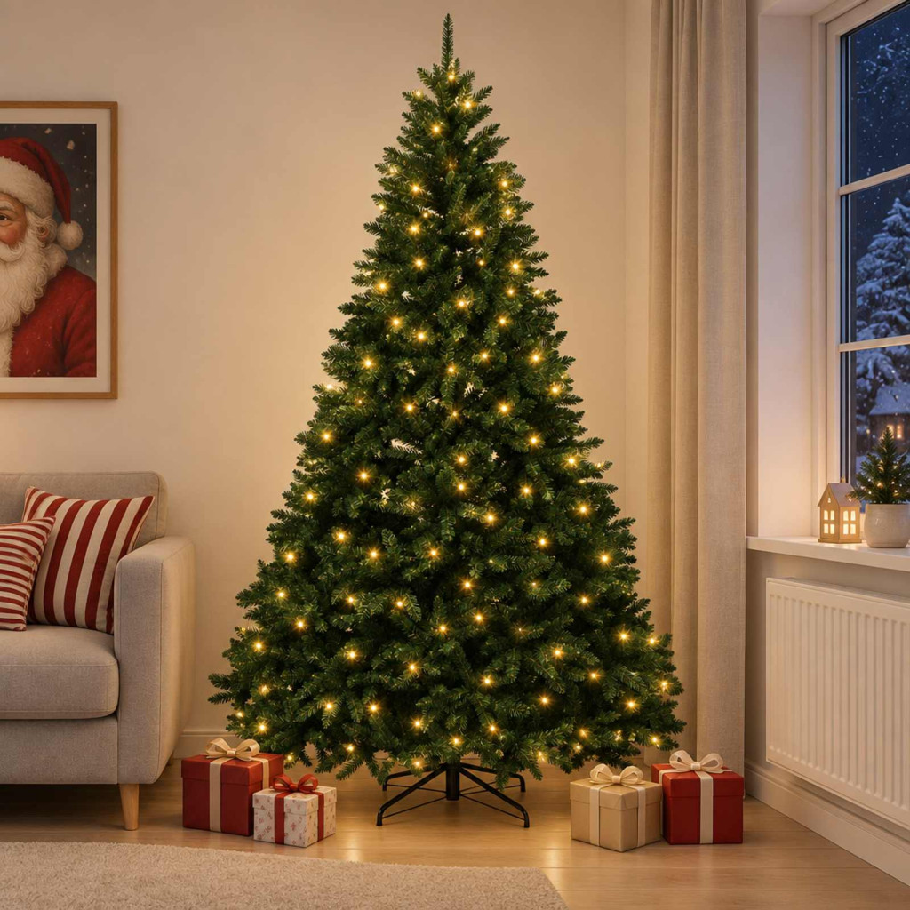 Műkarácsonyfa, 177 × 300 cm, sötétzöld, 600 LED, meleg fehér