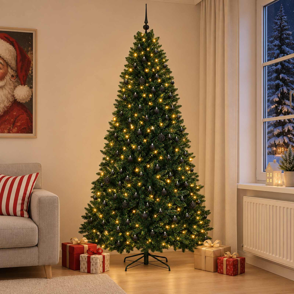 Sötétzöld műkarácsonyfa gömbökkel 270 cm 600 LED Meleg fehér
