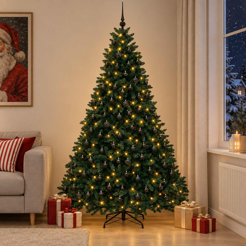 Műkarácsonyfa gömbdíszekkel, 177 × 300 cm, sötétzöld, 600 LED, meleg fehér