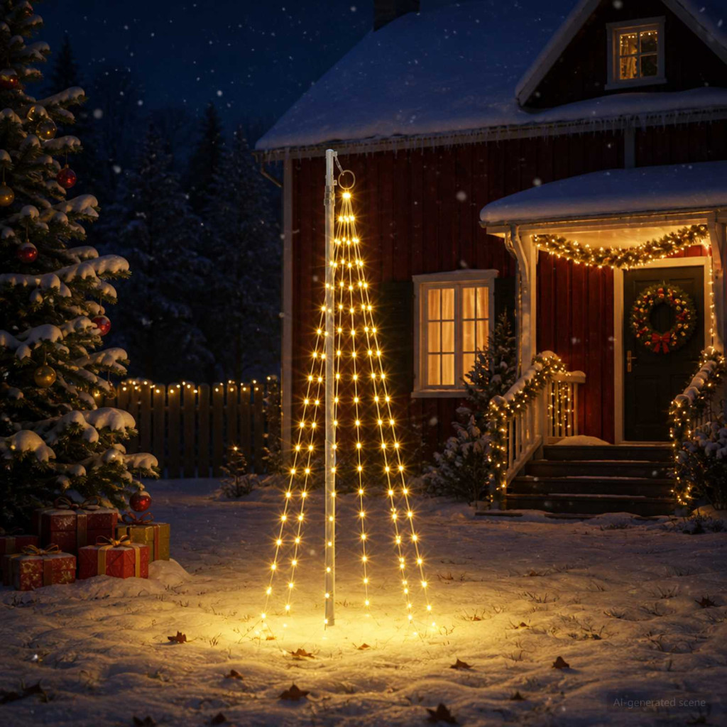 LED-es karácsonyfa-világítás rögzítőcövekkel és zászlórúddal 180 cm