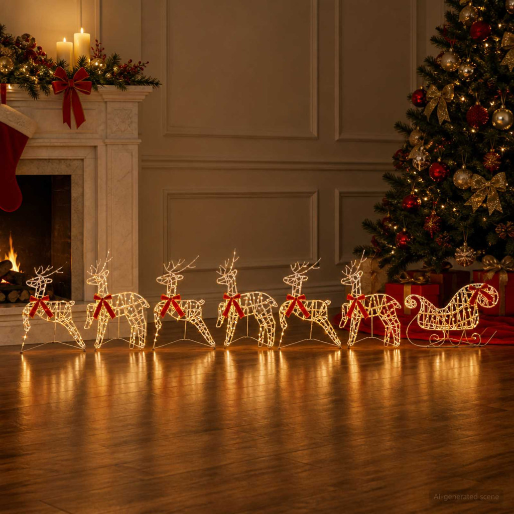 Karácsonyi rénszarvas szánnal 7 db 320 LED meleg fehér