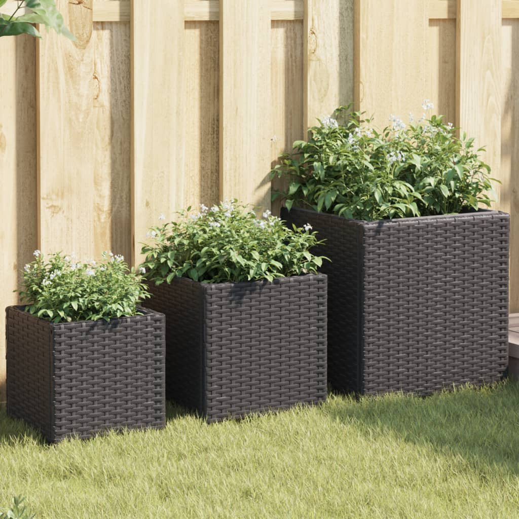 3 db kerti ültetőláda, porszórt acél, polyrattan, 30 × 30 × 30 cm, fekete