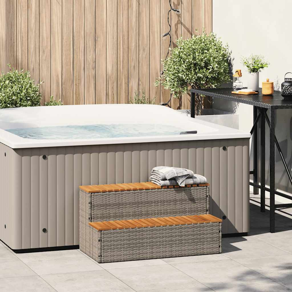 Pezsgőfürdő lépcső szürke 100x50x50,5 cm polyrattan és akácfa