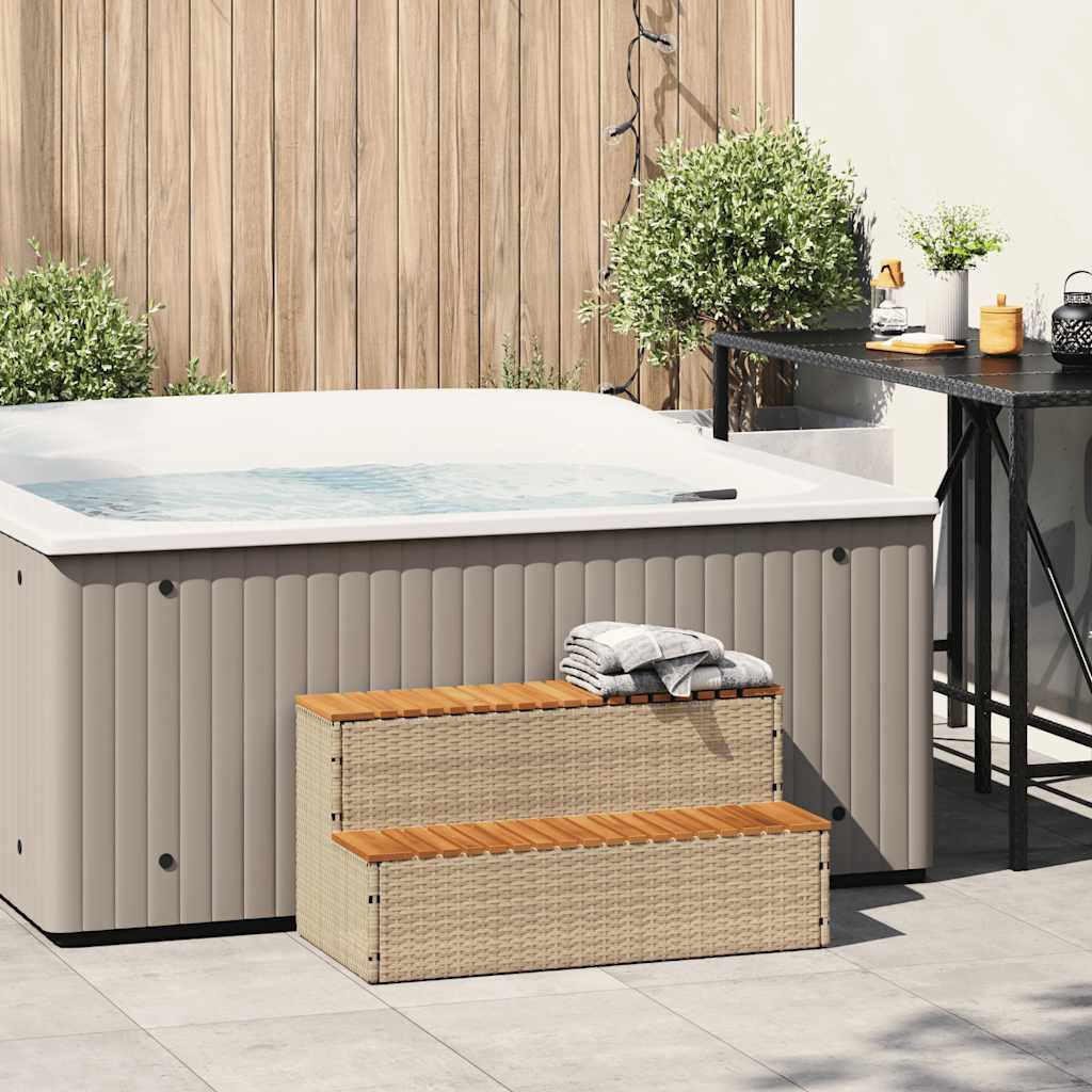 Pezsgőfürdő lépcső bézs 100x50x50,5 cm polyrattan és akácfa