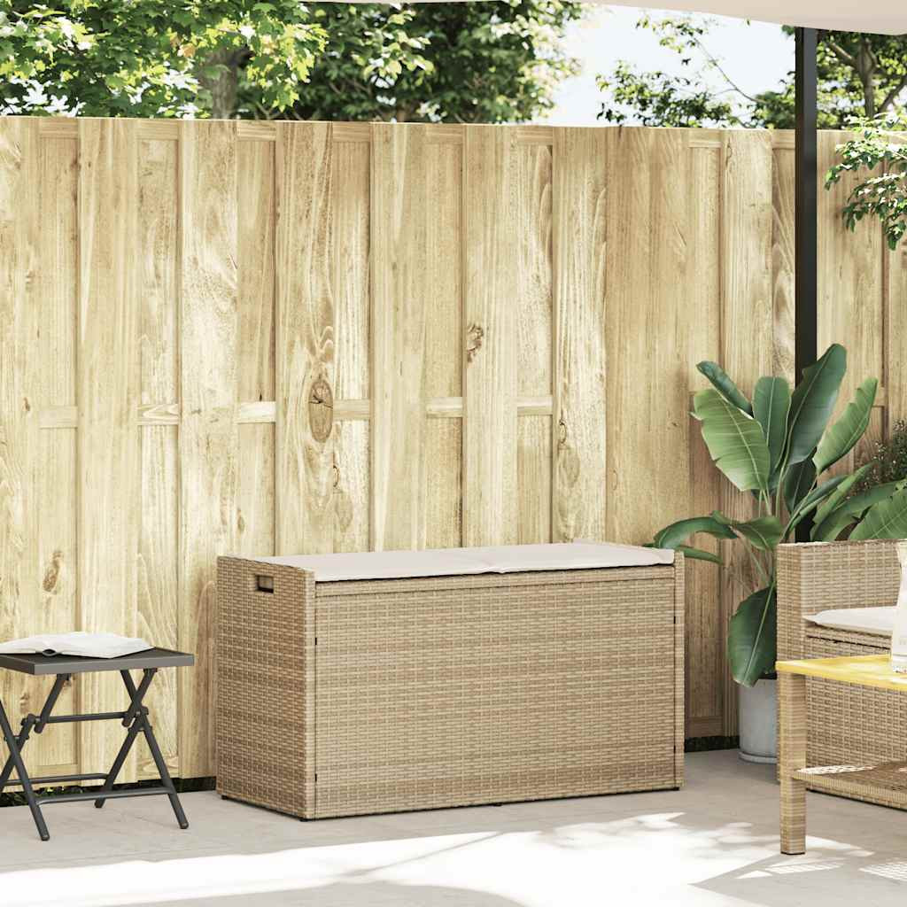 Bézs polyrattan kültéri tárolópad párnával 100 cm