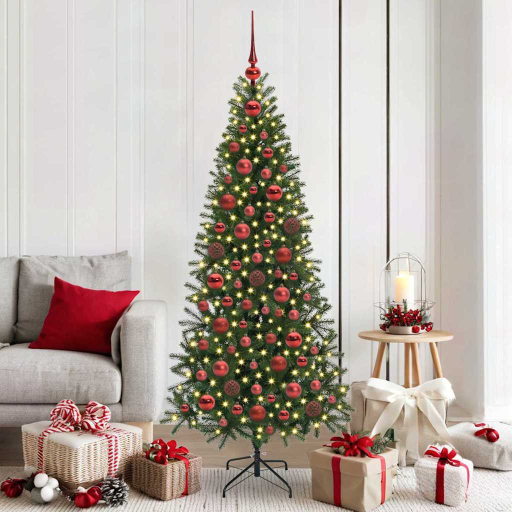 Karácsonyi gömbdíszkészlet, 120 db, 31,5 × 31,5 × 20 cm, piros, 300 LED, meleg fehér fény
