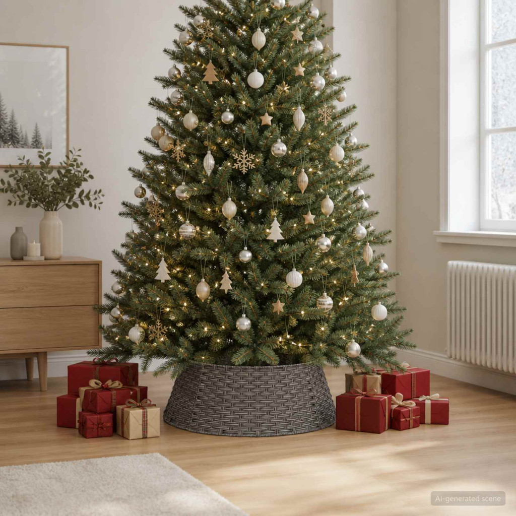 Karácsonyfaállvány-takaró kerek szürke Átm. 90 x 28 cm polirattan