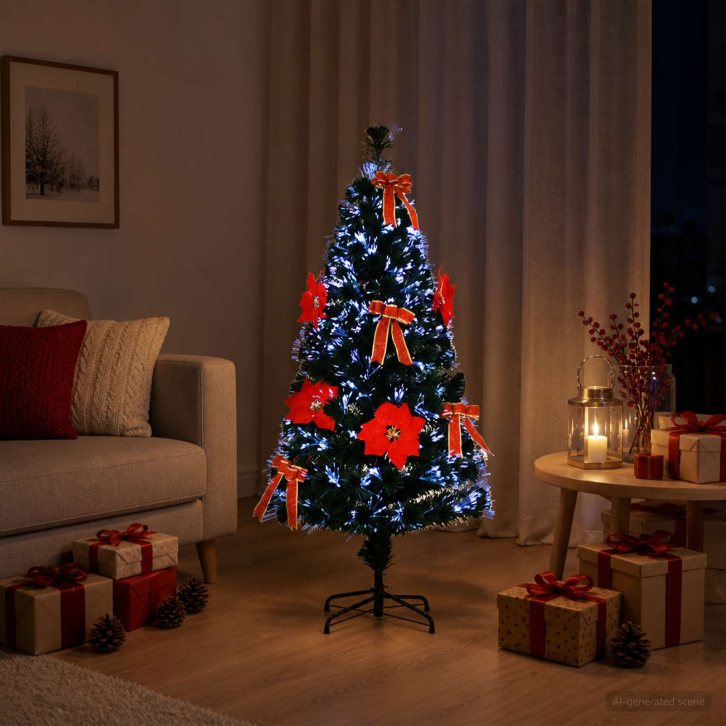 Optikai szálas műkarácsonyfa, 120 cm, zöld és piros, 12 LED, többszínű