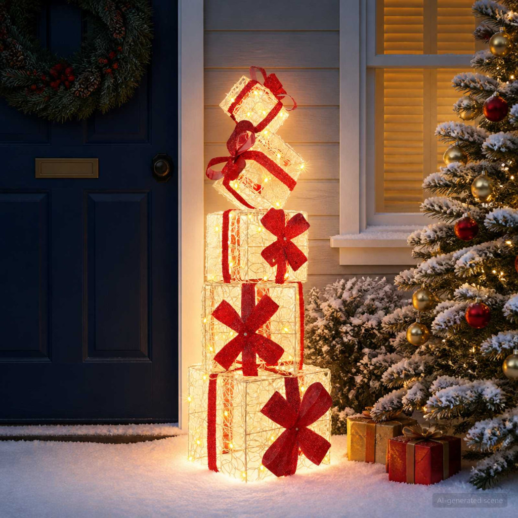 Világító karácsonyi ajándékdoboz-készlet 5 db 125 LED meleg fehér