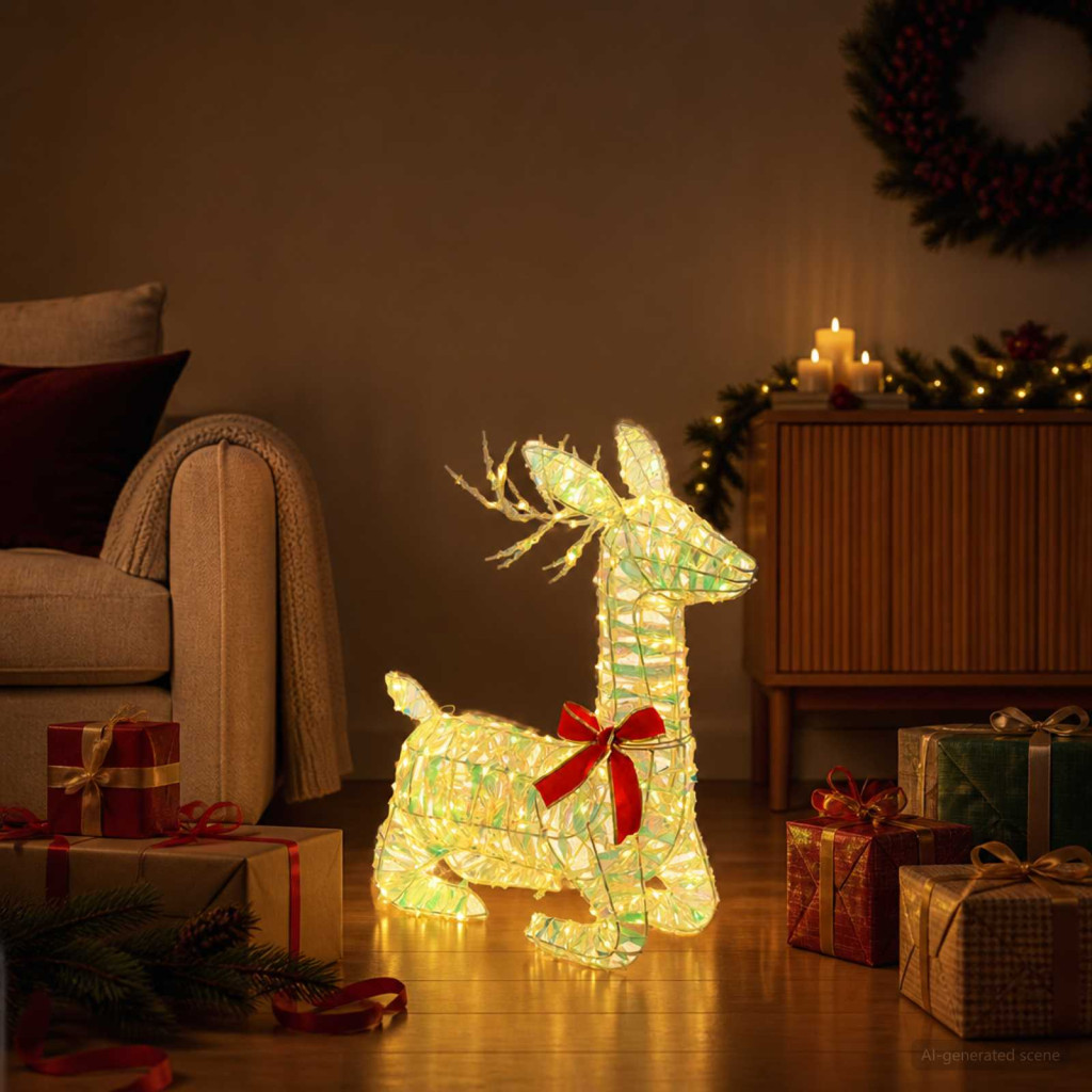 LOVIISA LED-es rénszarvas-dekoráció, 55 × 22 × 63 cm, sokszínű, 140 LED, meleg fehér, irideszkáló pet