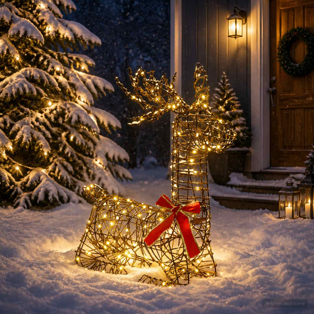 LOVIISA LED-es rénszarvas-dekoráció, 55 × 22 × 63 cm, barna, 140 LED, meleg fehér