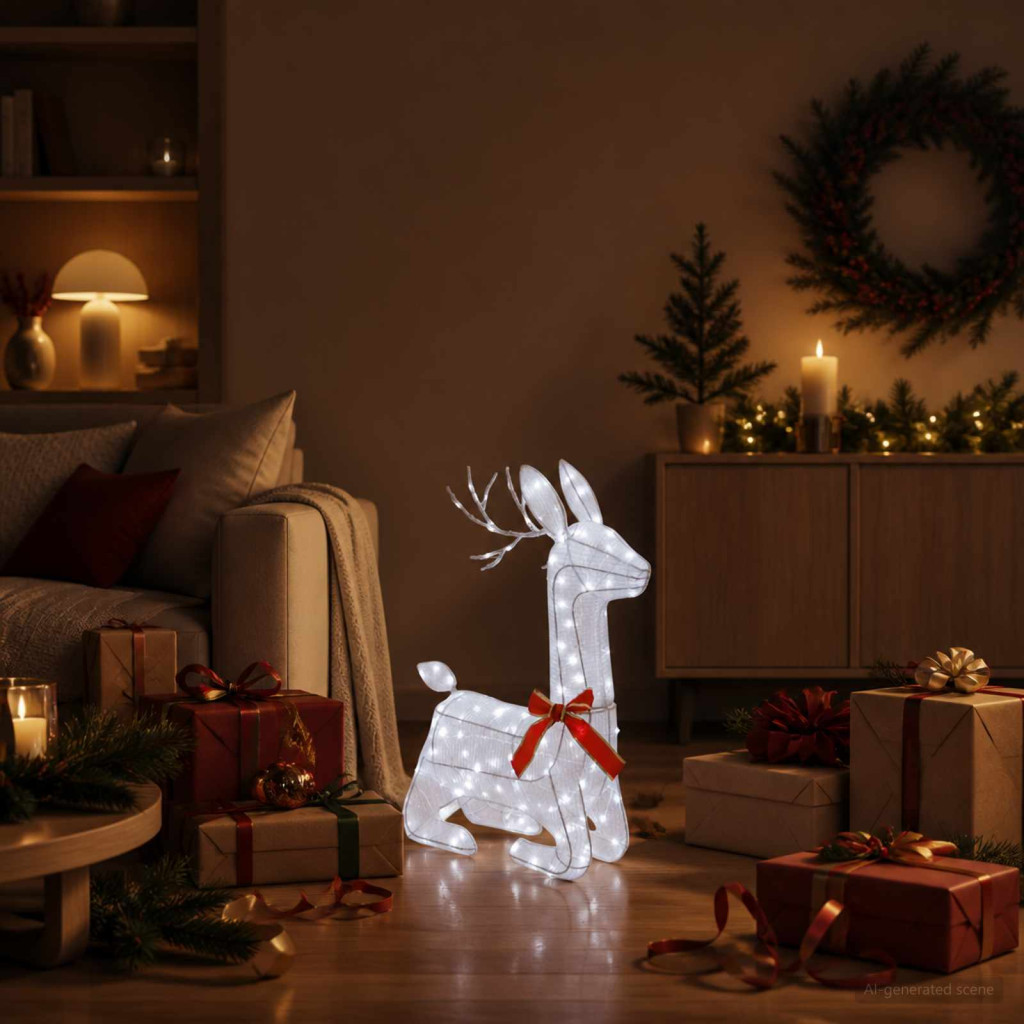 LOVIISA LED-es rénszarvas-dekoráció, 55 × 22 × 63 cm, fehér, 140 LED, hideg fehér