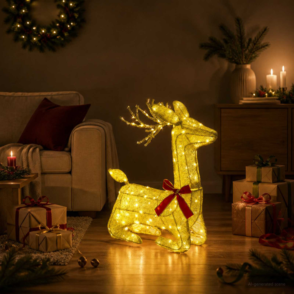 LOVIISA LED-es rénszarvas-dekoráció, 55 × 22 × 63 cm, arany, 140 LED, meleg fehér
