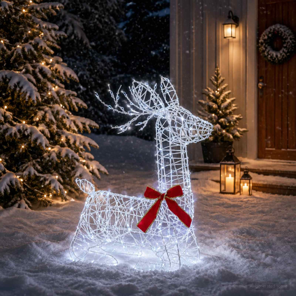 LOVIISA LED-es rénszarvas-dekoráció, 55 × 22 × 63 cm, átlátszó, 280 LED, hideg fehér