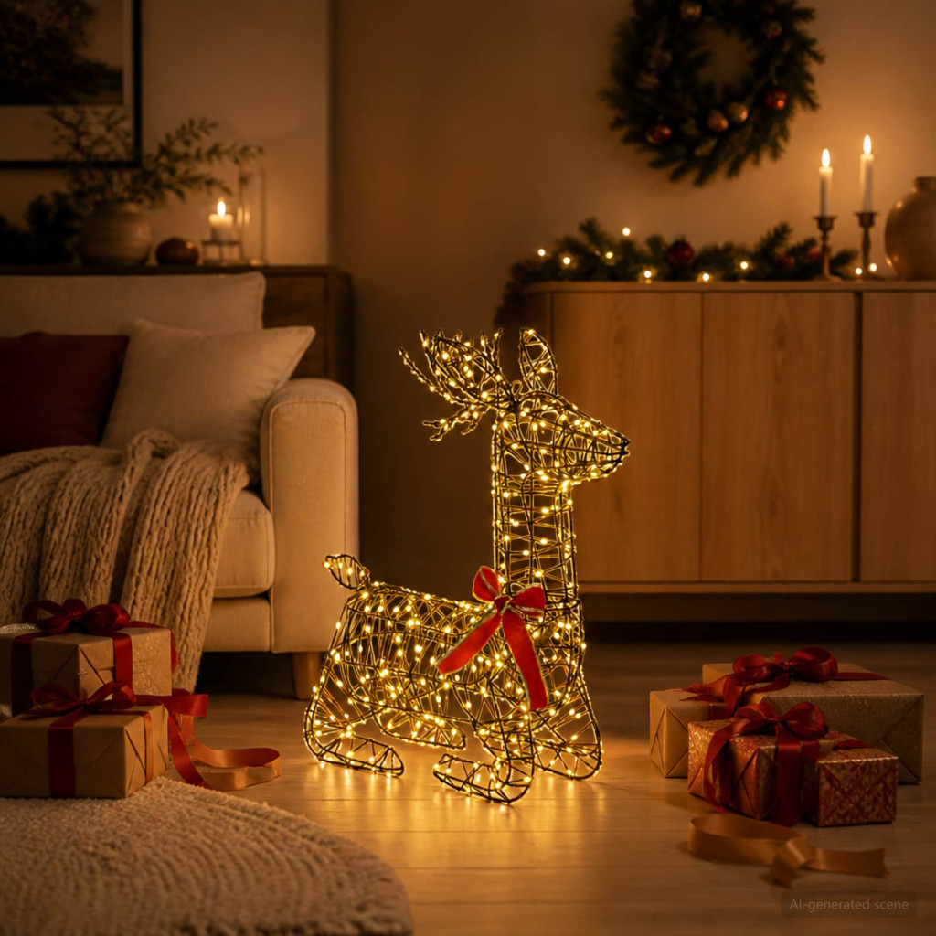 LOVIISA LED-es rénszarvas-dekoráció, 55 × 22 × 63 cm, barna, 280 LED, meleg fehér