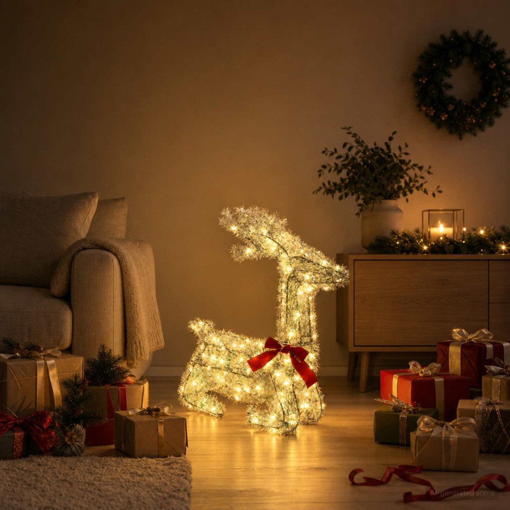 LOVIISA LED-es rénszarvas-dekoráció, 55 × 22 × 63 cm, sokszínű, 140 LED, meleg fehér, irizáló tinsel