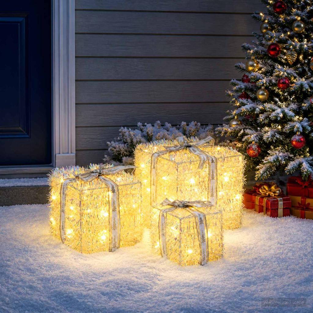 LED-es karácsonyi ajándékdoboz-készlet, 3 db, sokszínű, 64 LED, meleg fehér, irizáló girland