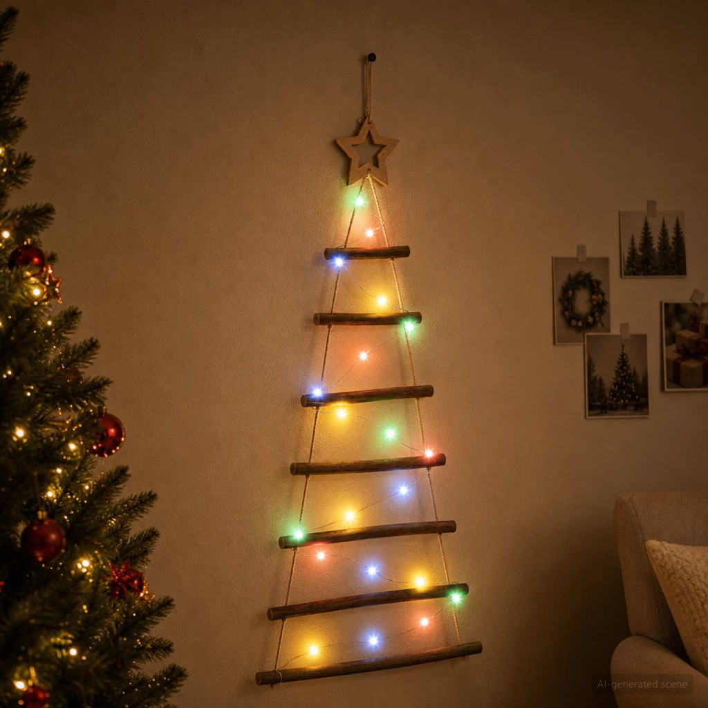 Falra akasztható LED-es karácsonyfa, 42 × 90 cm, természetes, 30 LED, többszínű fény