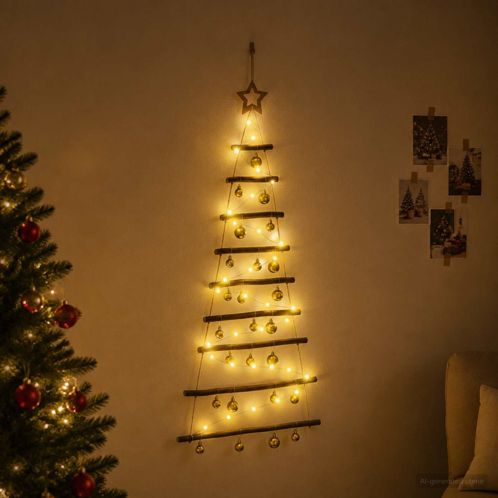 Falra akasztható LED-es karácsonyfa, 55 × 120 cm, természetes, 50 LED, meleg fehér fény