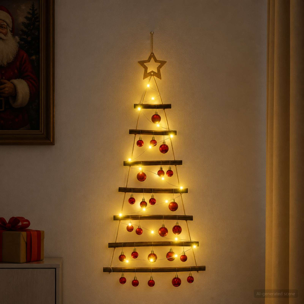 Falra akasztható LED-es karácsonyfa, 42 × 90 cm, természetes, 30 LED, meleg fehér fény