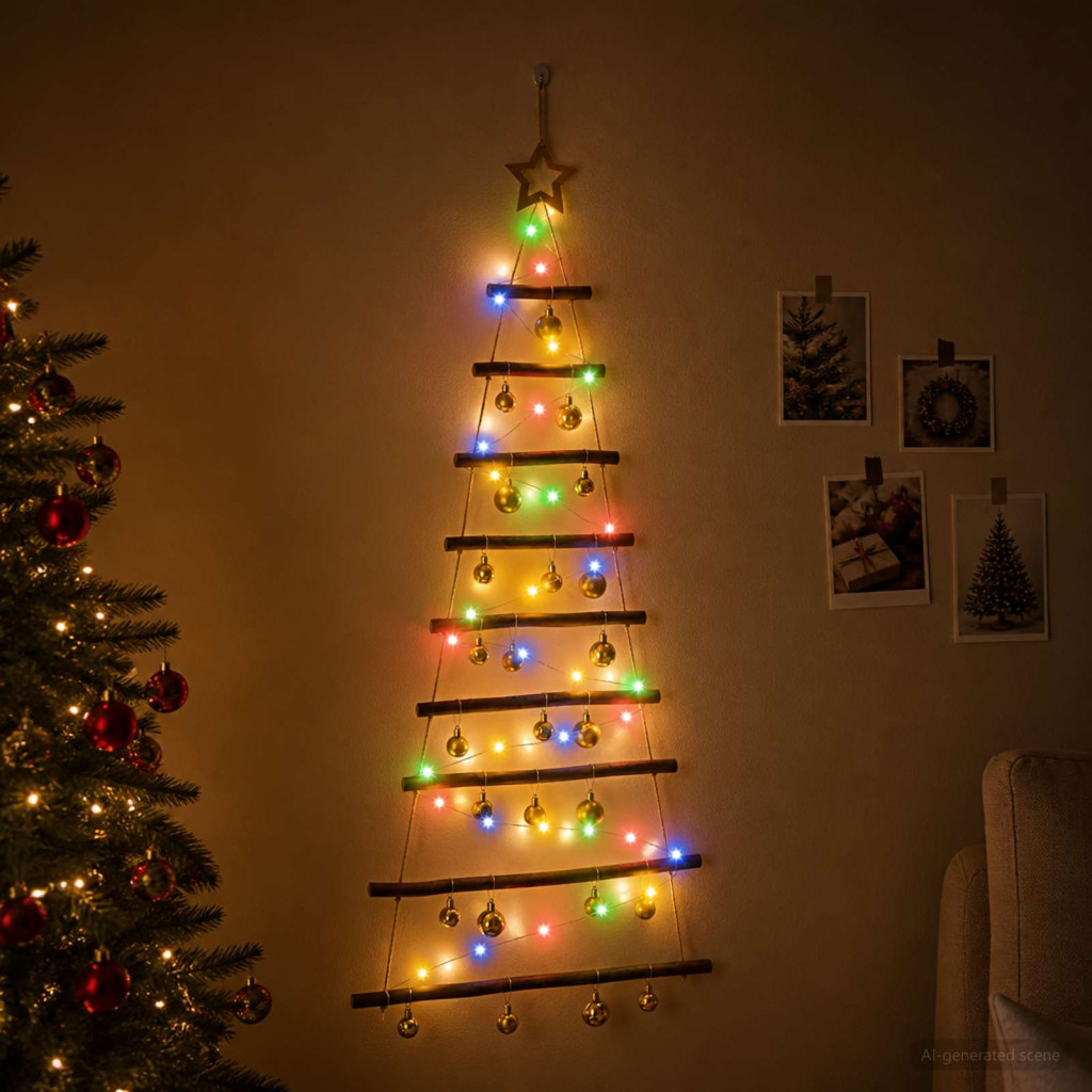 Falra akasztható LED-es karácsonyfa, 55 × 120 cm, természetes, 50 LED, többszínű fény