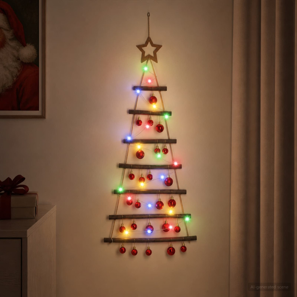 Falra akasztható LED-es karácsonyfa, 42 × 90 cm, természetes, 30 LED, többszínű fény