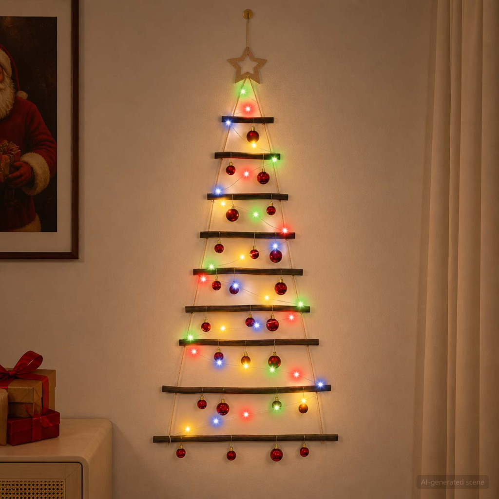 Falra akasztható LED-es karácsonyfa, 55 × 120 cm, természetes, 50 LED, többszínű fény