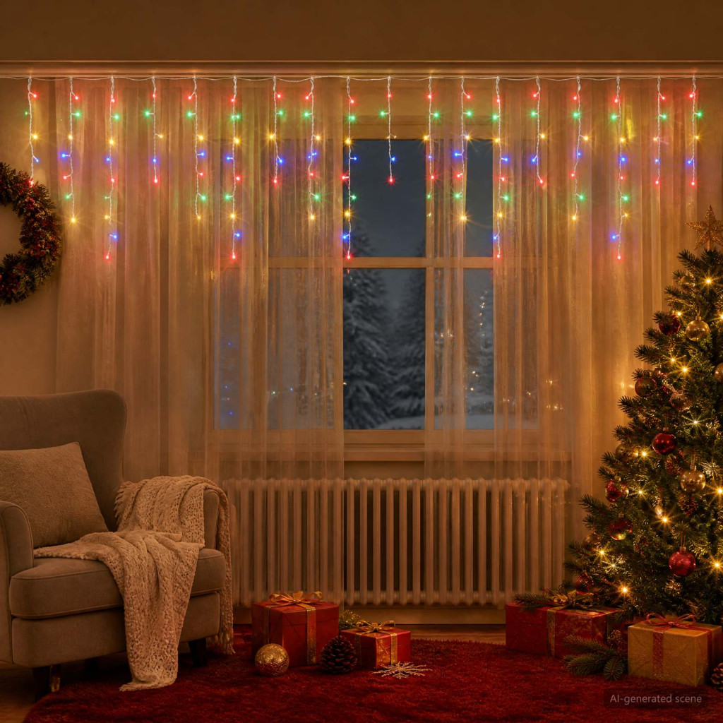 LED-es fényfüggöny, 500 × 72 cm, átlátszó, 210 LED, többszínű