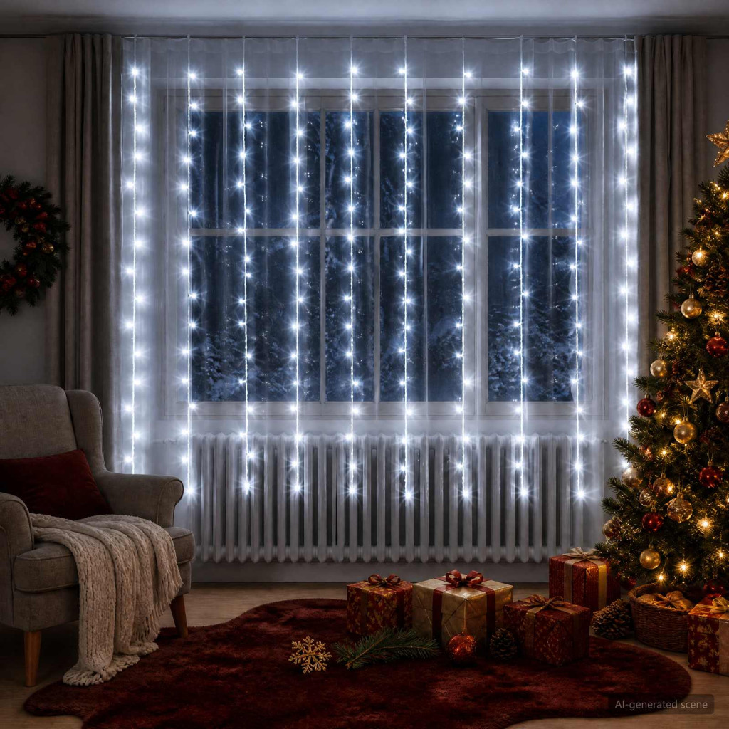 LED-es fényfüggöny, 300 × 200 cm, átlátszó, 200 LED, hideg fehér