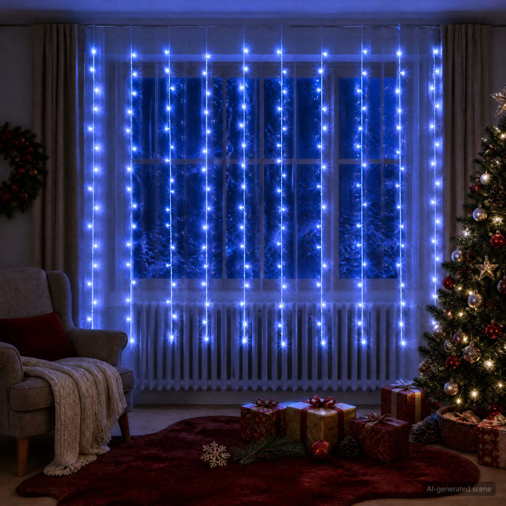 LED-es fényfüggöny, 300 × 200 cm, átlátszó, 200 LED, kék