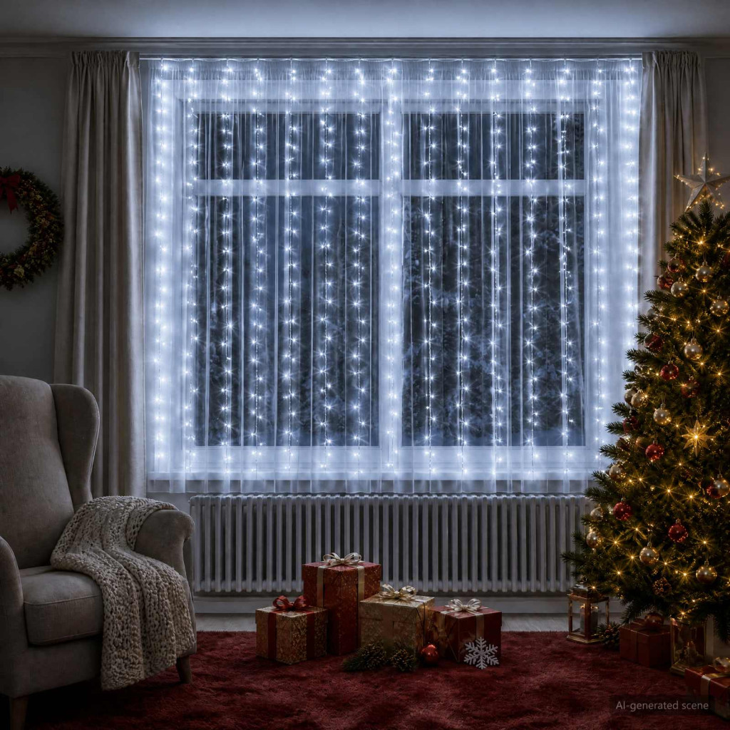 LED-es fényfüggöny, 600 × 200 cm, átlátszó, 400 LED, hideg fehér