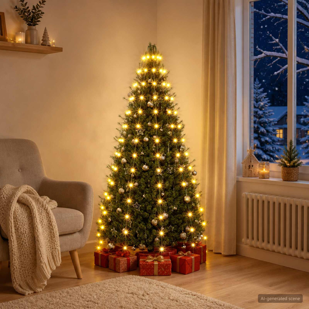 LED-es karácsonyfa-fénydekoráció, 150 × 5 cm, zöld, 150 LED, meleg fehér