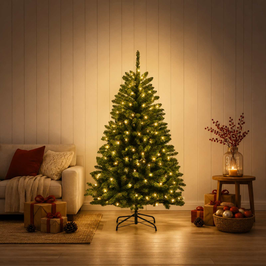 Összehajtható műkarácsonyfa, 68 × 120 cm, világos zöld, 150 LED, meleg fehér fény